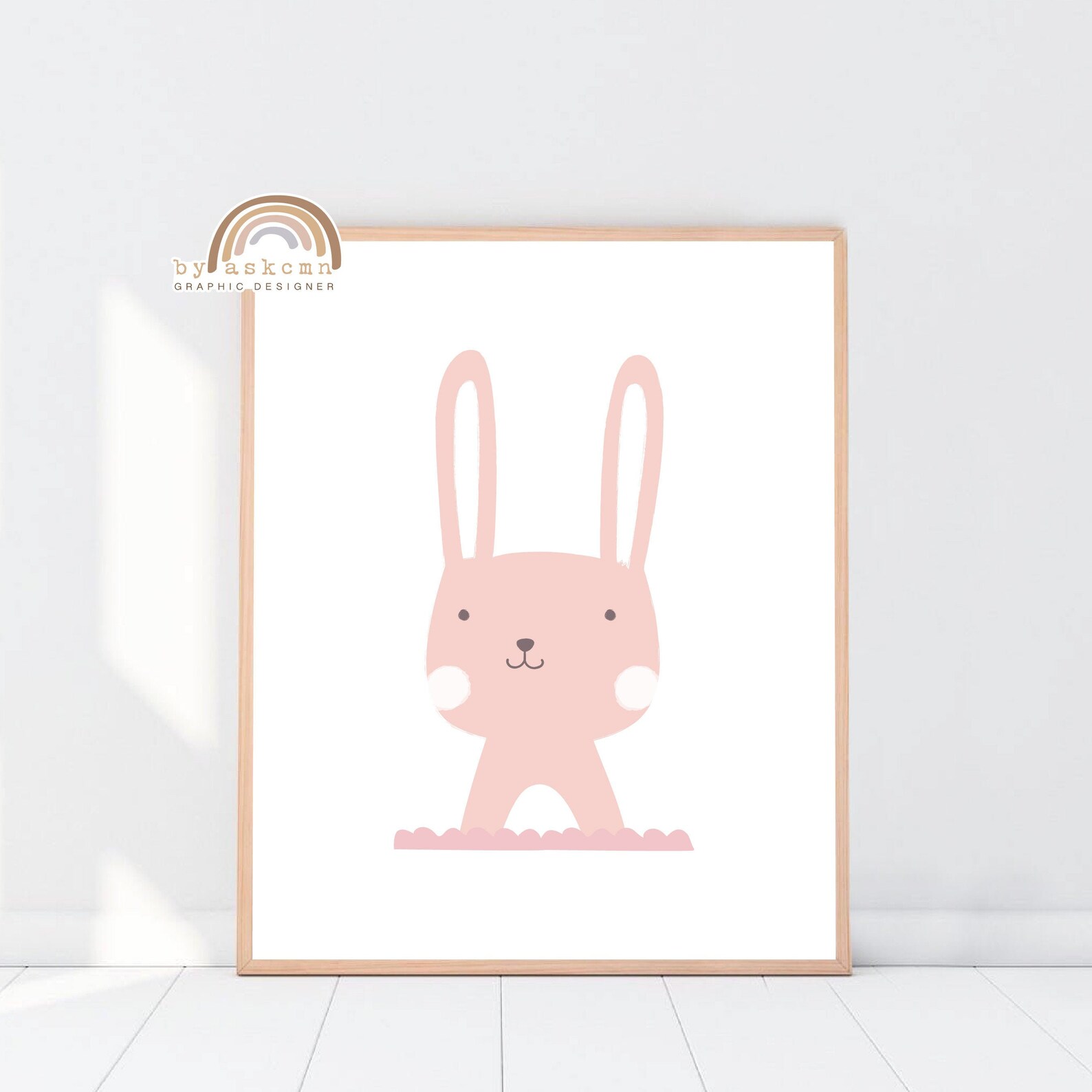 Rabbit Nursery Wall Art, Baby Room Poster, Pink Cute Rabbit, Rainbow ...