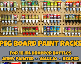 Miniature Paint Rack Organizer for Pegboard - Holds 30 Army Painter, Vallejo, or Reaper Paint Bottles - 18mL, 1" spacing