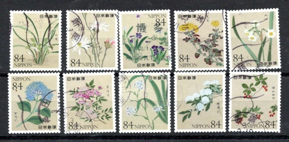 10 flower themed Japan Postage Stamps -full postage stamp set for philately, stamp collecting, collage, cardmaking or other crafts