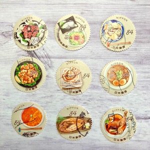 Jeu de timbres-poste ronds du Japon - nourriture, collection de timbres de Fukuoka, collage, fabrication de cartes, art du papier japonais, découpage