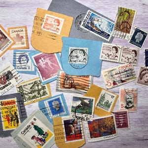 Lot de 25 timbres-poste du Canada utilisés, sur et hors papier, pour la philatélie ou le collage, la fabrication de cartes, le papier éphémère, le découpage