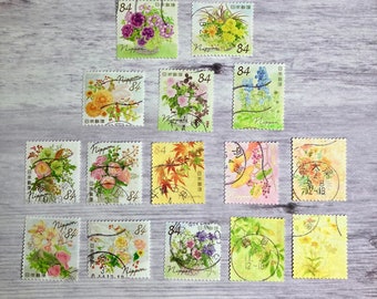 15 Japan Flower Postage Stamp Lot - used flower stamps for stamp collecting or collage, card crafting, Japanese paper ephemera, decoupage
