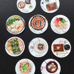 Jeu de timbres-poste ronds du Japon - nourriture, collection de timbres de Fukuoka, collage, fabrication de cartes, art du papier japonais, découpage