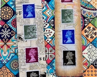 Two (2) Handmade Great Britain Vintage Postage Stamp Bookmarks- philately stamp collector gift, gift for reader, ephemera