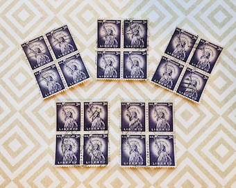 Vintage Purple Statue of Liberty Postage stamp Blocks - used USA stamps for collecting, vintage ephemera arts & crafts, scrapbook, collage