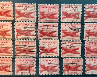 100 Vintage Red USA Airplane Postage Stamps -red used stamps for crafting, collecting, collage, scrapbook, ephemera, paper craft