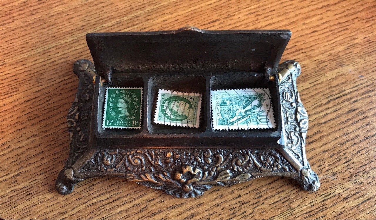 Vintage Postage Stamp Holder dark Brass colored metal stamp Etsy