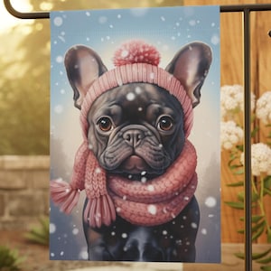 Winter Frenchie Garden Flag, French Bulldog Flag, Garden Banner, Yard Art, House Flag, Small Garden Flag, Outdoor Decor