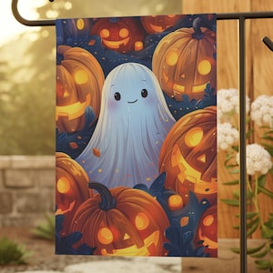 Adorable Ghost Among Pumpkins Garden Flag - Halloween Yard Decor, Small Garden Flag, House Flag, Yard Art, Lawn Flag, Halloween flag