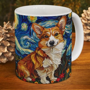 May include: White ceramic mug with a colorful illustration of a corgi dog in a starry night style. The dog is brown and white with a black nose and brown eyes. The background is a swirling blue and yellow sky with white stars.