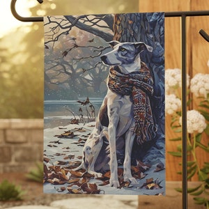 Seasonal Garden Flag - Cute Greyhound in Scarf Winter, Outdoor Decor, Yard Art, House Flag, Outdoor Decor, Small Garden Flag, Garden Flag