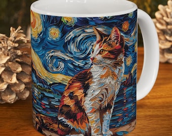 Calico cat mug with Starry Night-Stained glass design coffee mug, Cat lover gift, Coffee lover gift