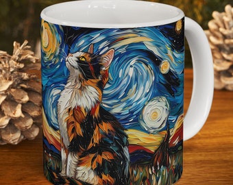 Calico Cat Coffee Mug - Starry Night Stained Glass Look - Field Theme, Cat lover gift, Coffee lover gift