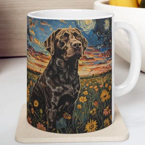 Black Labrador Art Mug, Sunset Dog Coffee Cup, Lab Lover Gift, Dog in Wildflower Field Mug, Dog Lover Coffee Cup