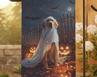May include: A Halloween-themed garden flag featuring a golden retriever dressed as a ghost. The dog sits among lit jack-o'-lanterns and fallen leaves, with bats and a full moon in the background. A spooky and festive outdoor decoration.