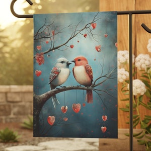 Spread Love with our Happy Valentine&#39;s Day Garden Flag featuring Love Birds, House Flag, Small Garden flag, Yard Art, Lawn Flag