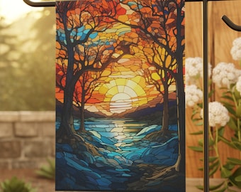 Autumn Tree Sunset Garden Flag for Fall Gift Autumn Decor for Yard Flag, Stained Glass Tree Flag, Thanksgiving Flag, House flag