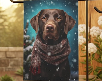 Chocolate Labrador Winter Garden Flag, Dog Lover Gift, Labrador House Flag, Black Labrador Small Garden Flag