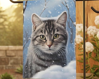Grey Tabby Cat Flag, Winter Flag, Garden Flag, Outdoor Decor, Custom Flag, Cat Flag, Cat Lover Gift