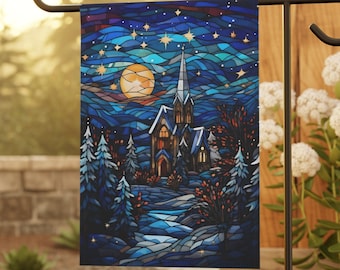 Stained Glass Winter Night Christmas Garden Flag & House Flag, Garden Art Christmas Decor Gift, Holiday Garden Decor, Christmas Garden Decor