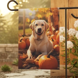 Celebrate Fall with a Golden Labrador and Pumpkin Garden Flag, Dog Flag, Outdoor Decor, House flag, Yard Art, Lawn flag, Fall Flag