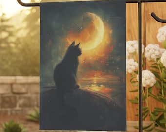 Black Cat in Moonlight Garden Decor, Black cat Small Garden Flag, Cat Flag, Small Garden Flag, Outdoor decor