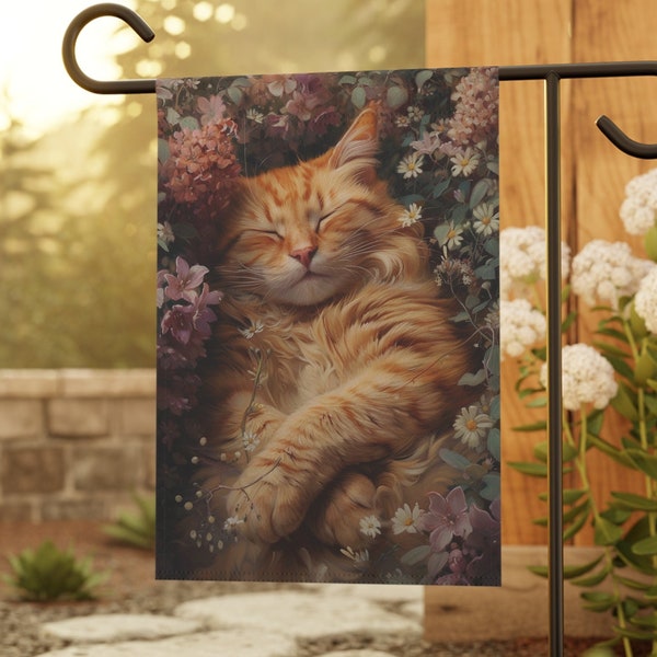 Small Garden Flag featuring an Orange Tabby Cat in a Delightful Spring Garden - Cat Lover Gift, Housewarming Gift, Cat lover gift, Cat Flag