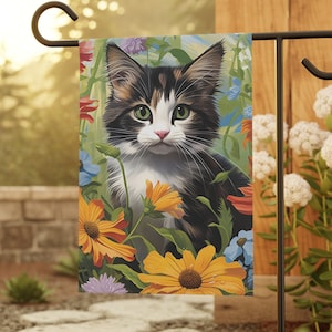Calico Cat Outdoor Flag - Vibrant Flower Field Design, Yard Art, Cat lover gift, House Flag, Lawn flag