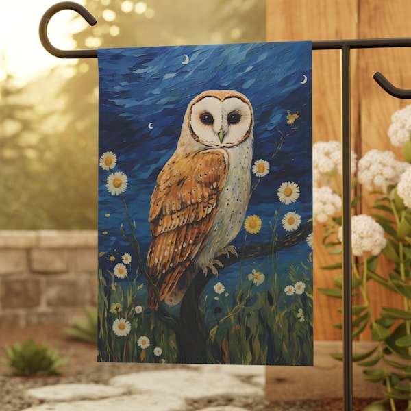 Barn Owl Flag, Garden & House Banner, Personalized Flag, Outdoor Decor, Van Gogh Style, Custom Garden Flag