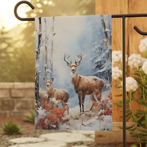 Deer Winter Scene Garden & House Banner, Garden Flag, Yard Flag, Personalization available, Custom Garden Flag