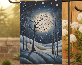 Blue Winter Wonderland: Enchanting Trees in Moonlight Garden Flag, House Flag, Winter flag, Outdoor Decor, Housewarming Gift