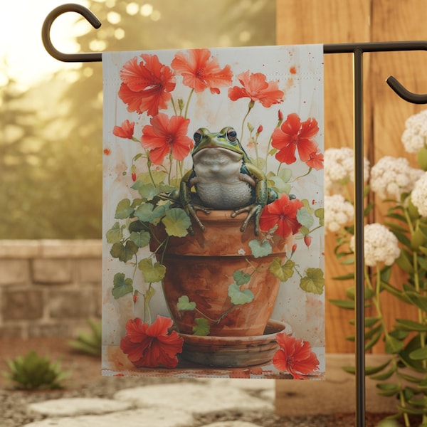 Bandera de jardín o de casa con diseño de rana, bandera con diseño de geranio rojo, decoración original para el porche con diseño de rana, bandera de jardín para primavera y verano, regalo para jardineros.