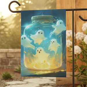 Haunted Yard Flag with Illuminated Ghosts, Creepy Halloween Jar Design, Outdoor Yard Decor, Yard Art, Lawn Flag, Outdoor Decor, House Flag