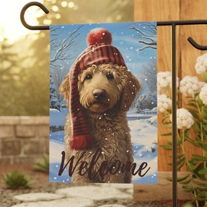Winter Labradoodle Garden Flag, House Flag, Yard Art, Lawn flag, Outdoor decor, Dog Lover Gift