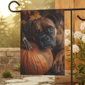 May include: A brown and white dog with a pumpkin in front of it. The dog is looking at the camera. The background is a blurry image of fall leaves.