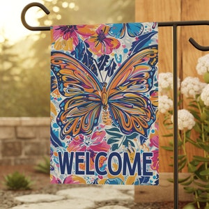 Butterfly Garden Flag, Welcome Decor for Outdoors, Bright Colors, Garden & House Banner, Outdoor Decor, House flag