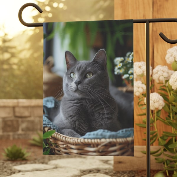 Adorable Russian Blue Cat all cozy, Cat lover gift, Cat Flag, Outdoor Decor, House Flag, Small Garden Flag, Yard Art, Lawn Flag