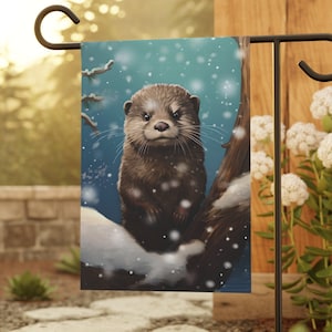 Whimsical Otter Winter Garden Flag, Adorable Outdoor Decor, House Flag, Otter lover gift, Small Garden flag, Yard art, Lawn flag