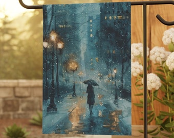 Cityscape Garden Flag with Painted Rainy Night Design - Outdoor Art, Yard Art, Small Garden Flag, Housewarming Gift, House Flag