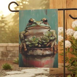 Colorful Frog Design Small Garden Flag with Succulent Accent: Perfect for Plant-Lovers, Outdoor Decor, Yard Art, Lawn Flag