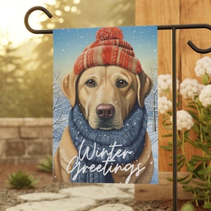 Winter Yellow Labrador Garden Flag with Hat and Scarf | Holiday Outdoor Decor, Winter Greetings, Dog Flag, Yard Art, Dog Lover Gift