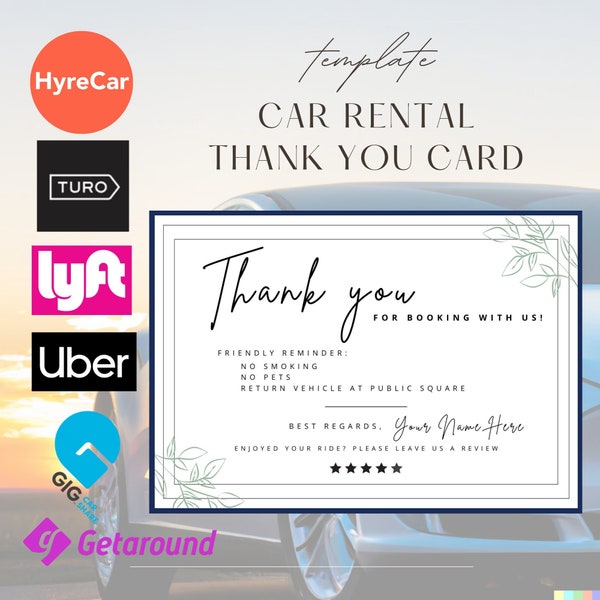 Turo Car Ride Rental Business Thank You Greeting Guest Card Flyer (HyreCar/Uber/lyft) Instant Download Digital Print Canva Editable Template