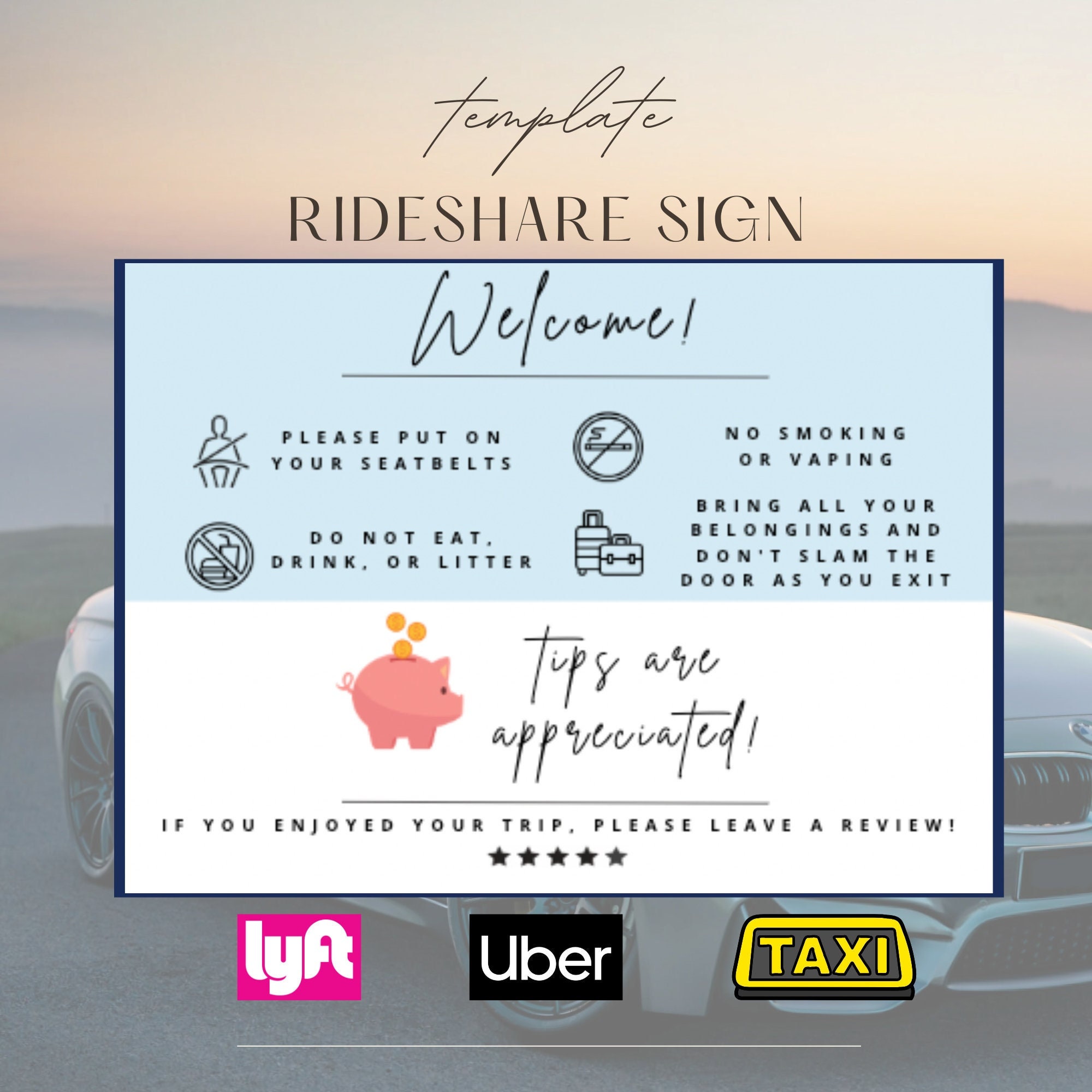 Pre Ride Free Ride Signage Uber, Lyft, Taxi, Rideshare Business Welcome Sign for Guest Reviews ...