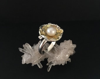 Pearl Designer Ring, Handmade Pearl Ring, freshwater pearl Ring, Silver Ring with pearl, Silver Ring with real pearl, handmade pearl ring