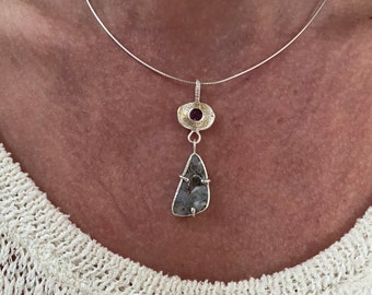Boulder opal pendant with garnet, handmade, opal silver necklace with rhodolite garnet, multicolor opal and garnet silver pendant with gold