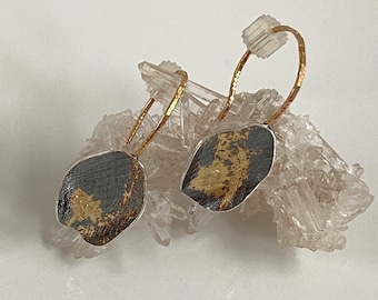 oxidized silver earrings, handmade hoops, black earrings with gold detail, organic earrings in silver with gold, hoop earrings