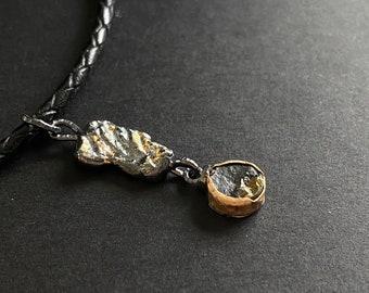 Guy's silver and gold pendant with pyrite in slate, Unisex pendant, Unisex necklace, oxidized pendant with pyrite