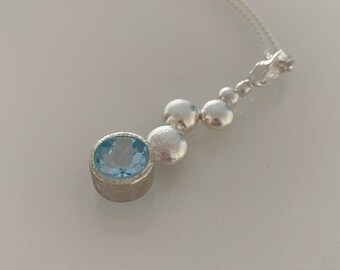 Topaz Pendant, handmade, blue topaz bubble pendant, Silver Designer Necklace, blue topaz silver bubble pendant with long vario chain