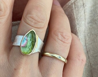 Tourmaline silver ring with gold, Size 7.5, watermelon tourmaline ring with gold and silver, designer ring with natural tourmaline