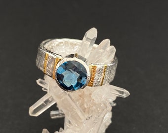 topaz statement ring, 6, blue topaz ring with gold detail, organic ring with cuttlefish ring shank, topaz jewelry for women